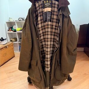 Barbour Olive Green Waxed Trench Coat with Plaid Lining MENS XL